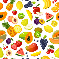 Seamless pattern with colorful cartoon fruits: strawberry, pear, apple, orange, peach, plum, banana, watermelon, pineapple, papaya, grape, cherry, kiwi, lemon, melon, mango. Vector, isolated on white.