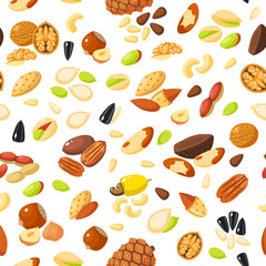 Seamless pattern with cartoon nuts - hazelnut, almond, pistachio, pecan, cashew, brazil nut, walnut, peanut, coconut, pumpkin seeds, sunflower seeds and pine nuts. Vector illustration, eps 10.