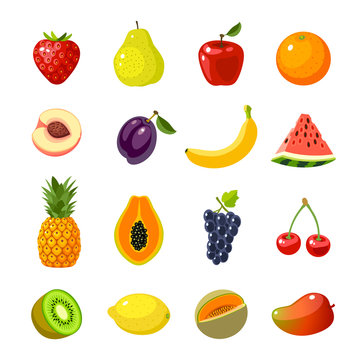 Set of colorful cartoon fruit icons: apple, pear, strawberry, orange, peach, plum, banana, watermelon, pineapple, papaya, grapes, cherry, kiwi, lemon, mango. Vector illustration, isolated on white.