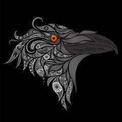 A Raven with a fiery eye on a black background