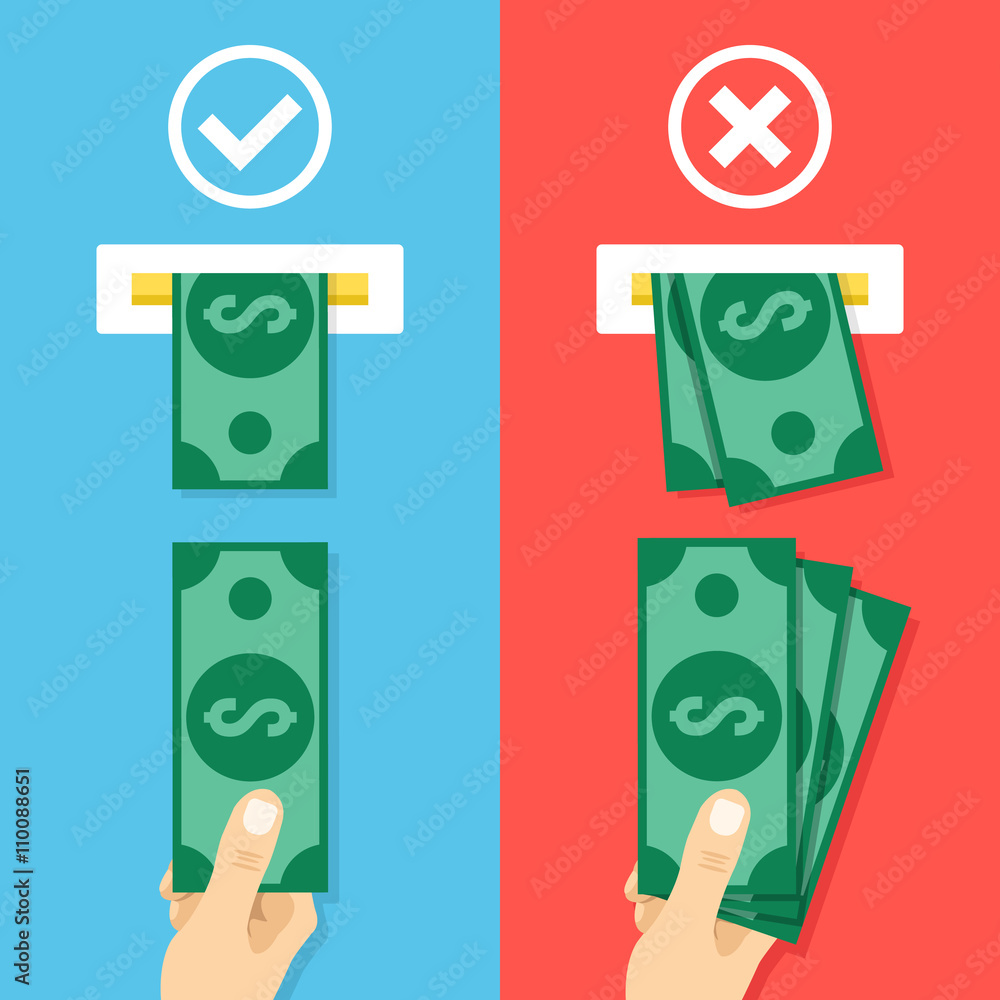 Poster how to insert cash in atm machine. right and wrong ways to insert cash. creative flat design vector 