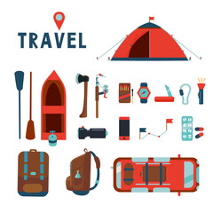 Travel icons set. Isolated cartoons signs collection. Flat style