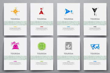 Corporate identity vector templates set with doodles tourism theme