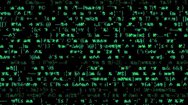 Text and Grids 1005: Rows of symbols and code scroll on a black screen.