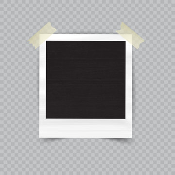 Old empty realistic photo frame with transparent shadow on checkered background. Border to family album. Vector illustration for your design and business.