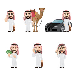 Naklejka premium Arabian Man Character Set. Rich Arab Man with Car and Camel.
