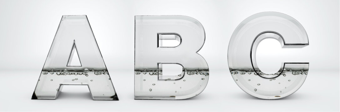 Transparent glass water letters A, B, C. Path save.