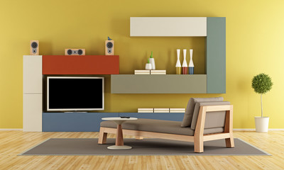 Contemporary Living room with colorful wall unit