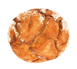 Freshly baked loaf of traditional round rye bread isolated on white background. Design element for bakery product label, catalog print, web use. Top view.