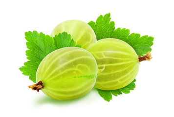 Heap of fresh ripe green gooseberry berries with leaves isolated on white background. Design element for product label, catalog print, web use.