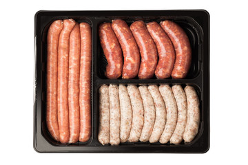 raw meat sausages in the container, isolated on white