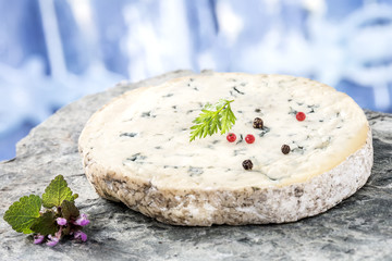 Slice of Fourme d'Ambert traditional French cheese on white background
