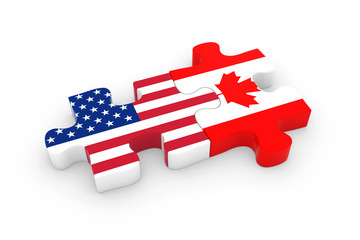 US and Canada Puzzle Pieces - American and Canadian Flag Jigsaw 3D Illustration