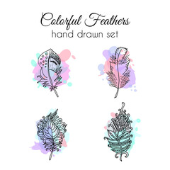 Vector feathers set. Hand drawn ethnic elements. Sketchy feather.