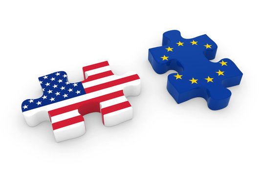 US And EU Puzzle Pieces - American And European Flag Jigsaw 3D Illustration