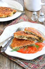 Matzo Brei a Jewish recipe of dampened matzo crackers fried with eggs, mushrooms, onions and dill.