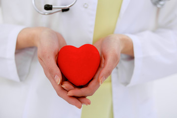 Female doctor with stethoscope holding heart.  Patients couple sitting in the background