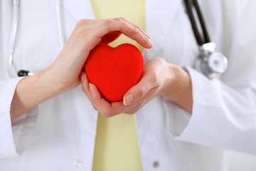 Female doctor with stethoscope holding heart.  Patients couple sitting in the background