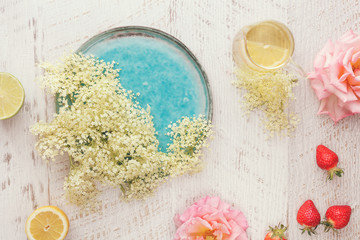 Elder flower, rose and strawberry sorbet, A still life featuring elder flowers, roses and...