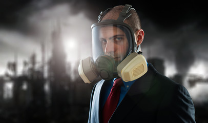 Businessman in a futuristic polluted world