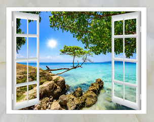 Fototapety  otwarte okno widok na morze dobra pogoda lato