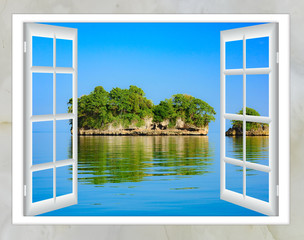 Naklejki  Widok na ocean z okna na wyspie słoneczny letni dzień