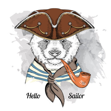 Image Portrait panda in a sailor hat and  with tobacco pipe. Vector illustration.