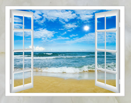 Fototapeta Widok na ocean z okna na wyspie w słoneczny letni dzień