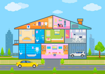 Fototapeta premium House in cut view with detailed interior and furniture