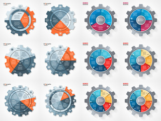 Vector business and industry gear style circle infographic set for graphs, charts, diagrams. Pie chart, cycle chart, round chart templates with 3, 4, 5, 6, 7, 8 options, parts, steps, processes. 