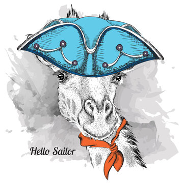 Image Portrait giraffe in a sailor hat. Vector illustration.