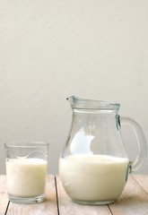 White milk in the glass with jug on the wooden background