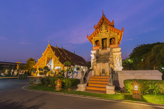 A hall for keeping the scripture of Wat Phra Singh temple at twilight. This temple contains supreme examples of Lanna art in the old city center of Chiang Mai,Thailand.