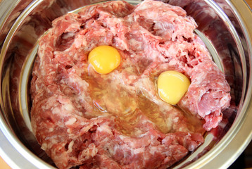 pattern, background of fresh minced meat and eggs in metal bowl