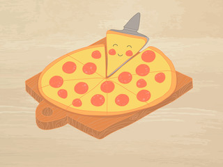Hand-drawn vector illustration - Pizza pepperoni on the chalkboa