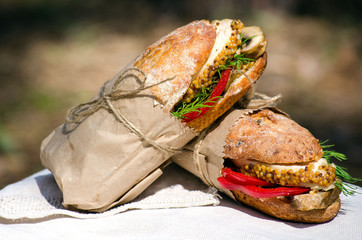 Two sandwiches with chicken at a picnic