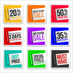 Promotional Colorful Sale Stickers Collection. Scroll Paper.