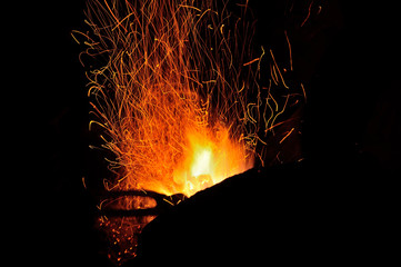 Sparks from the fire in the forge