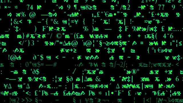 Text and Grids 1006: Rows of symbols and code scroll on a black screen.