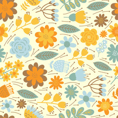 Vector floral pattern in doodle style with flowers and leaves. Gentle, spring floral background. - 110106450
