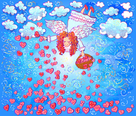 Vector illustration of cute angel with basket and hearts at clouds