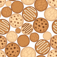 Vector seamless background with various cookies on a white background.