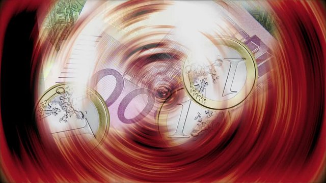  Monedas metalica y billetes de  euro girando parcialmente cubierto por un disco que gira tambien
