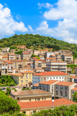 Fototapeta na wymiar View of colorful houses in Sartene village built in traditional Corsican style in mountain landscape of Corsica island, France