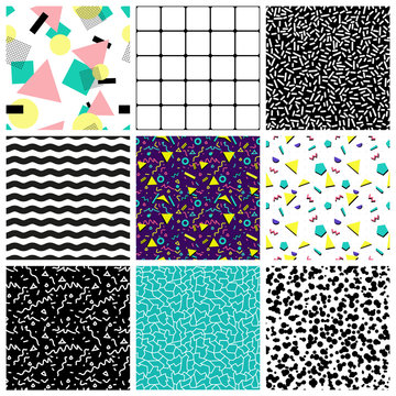 Abstract seamless geometric patterns. 80's-90's styles. 