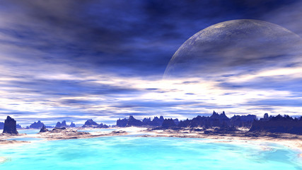 Fototapeta na wymiar Fantasy alien planet. Rocks and lake. 3D illustration