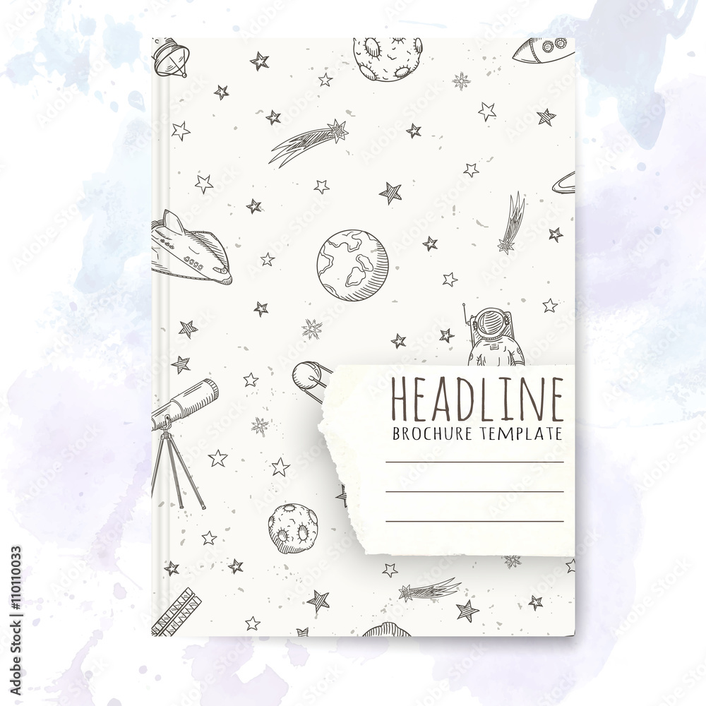Wall mural notebook template with hand drawn astronomy doodles.