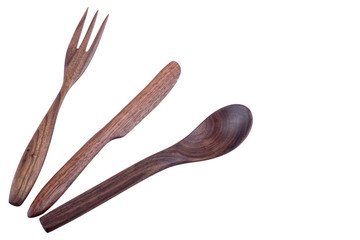 Wooden cutlery on a white background