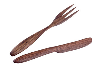Wooden cutlery on a white background