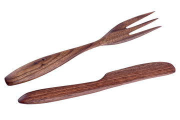 Wooden cutlery on a white background